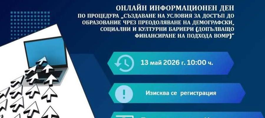 Програма „Образование“ 2021–2027 организира онлайн информационен ден по процедура BG05SFPR001-1.009 „Създаване на условия за достъп до образование чрез преодоляване на демографски, социални и културни бариери (допълващо финансиране на подхода ВОМР)“